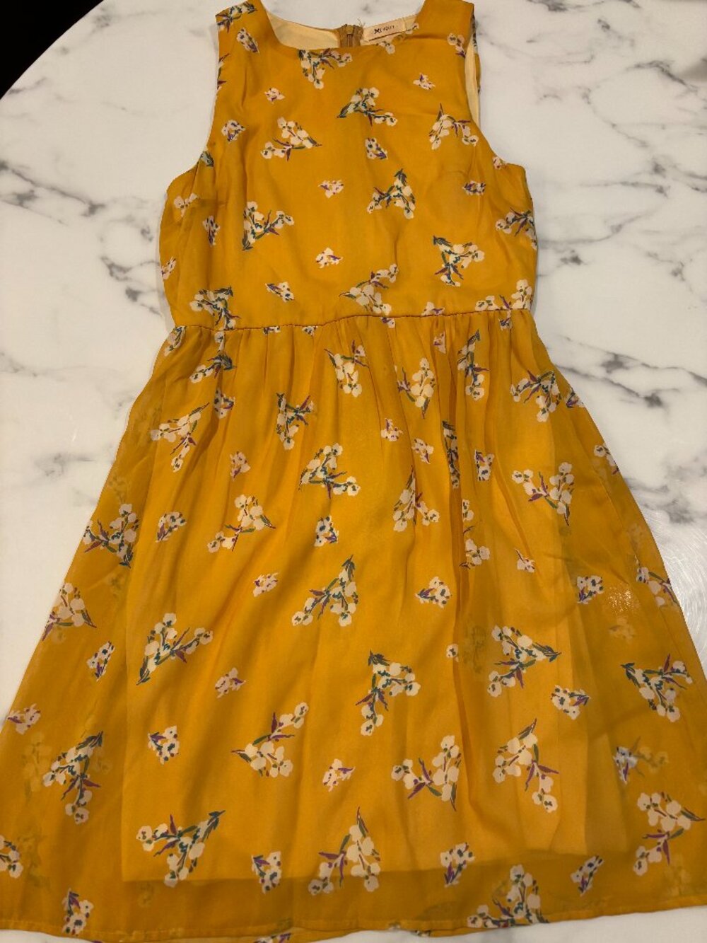 Everly Mustard Yellow Ditsy Floral Fit Flare Dress Size Small